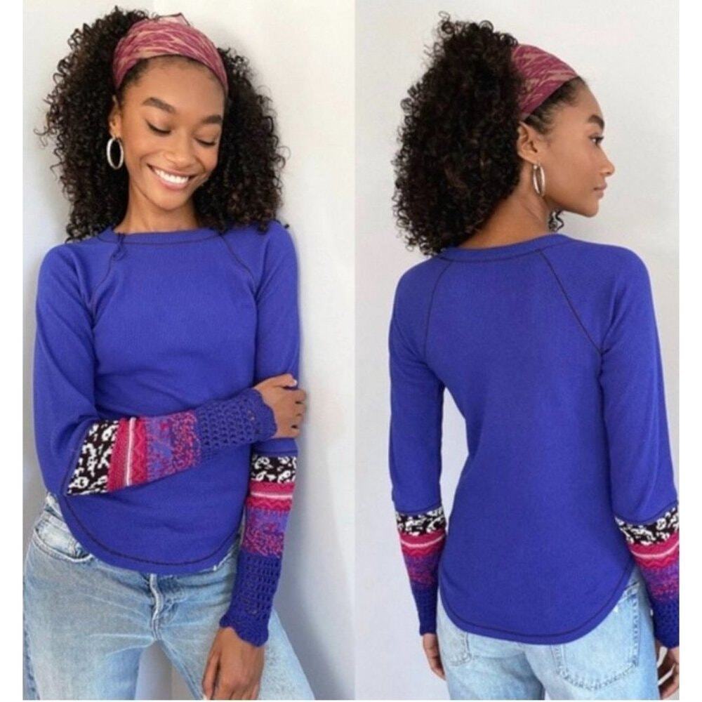 Free People Thermal Sweater Top Super Nova Mixed Combo Cuff Boho Blue Size M